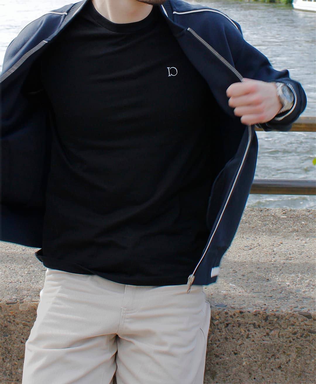 The Standard Bomber worn open over The Standard T-Shirt