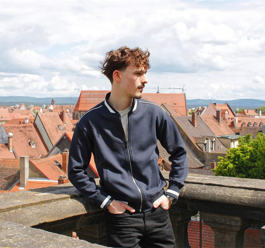 Navy Blue — The Standard Bomber, styled detail