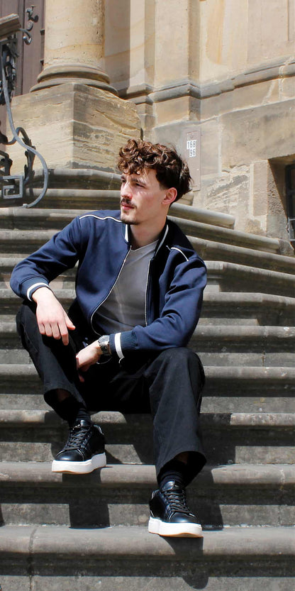 Navy Blue — The Standard Bomber on the steps