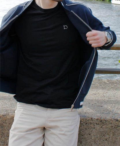 The Standard Bomber worn open over The Standard T-Shirt